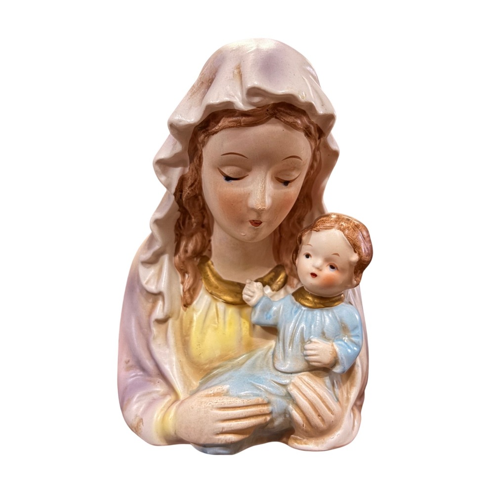 Vintage Madonna and Child Ceramic Planter Religious Virgin Mary Baby Jesus Bust